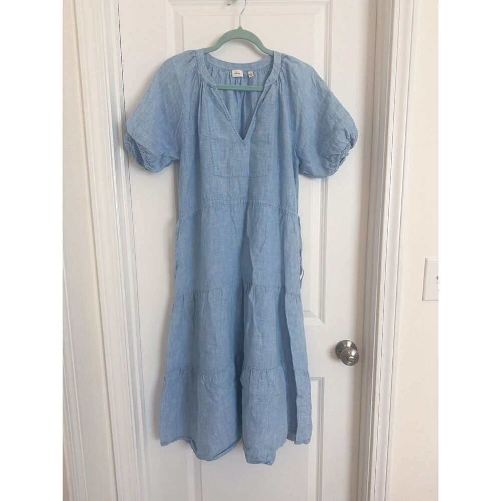Aritzia Wilfred Blue 100% Linen Puff Sleeve Midi Dress Size S